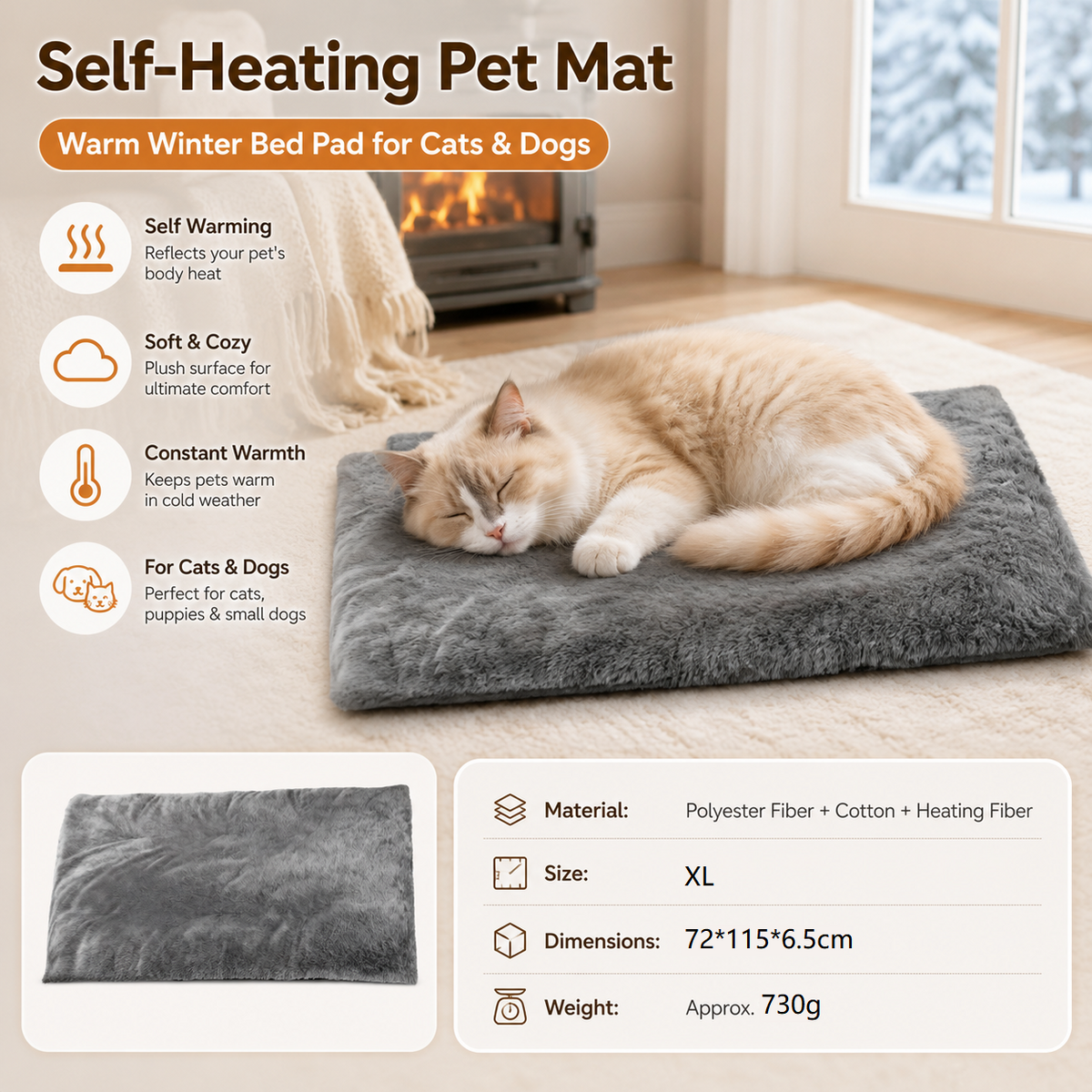 Self-Heating Pet Mat 72 x 115cm — Grey