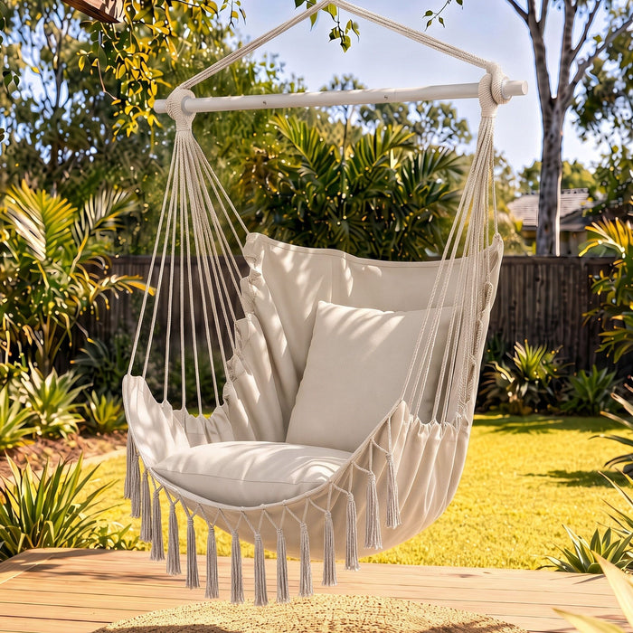 Boho Hanging Hammock Chair with Tassels — Cream