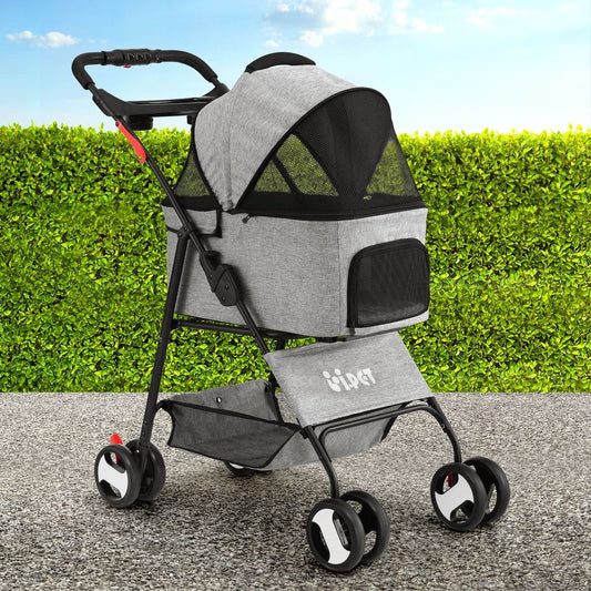 i.Pet Foldable Pet Stroller — 4 Wheels, Grey