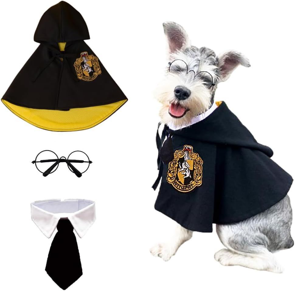 3PCS Halloween Dog Costume Cat Wizard Cape Glasses and Necktie