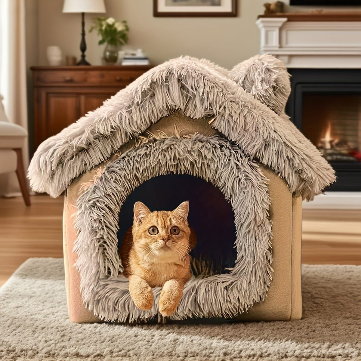Plush Cat House with Cushion — Medium, Brown