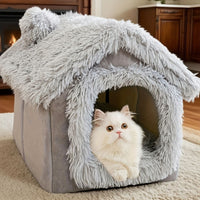 Plush Cat House with Cushion — Medium, Brown