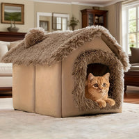 Plush Cat House with Cushion — Small, Brown