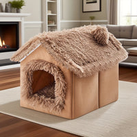 Plush Cat House with Cushion — Small, Brown