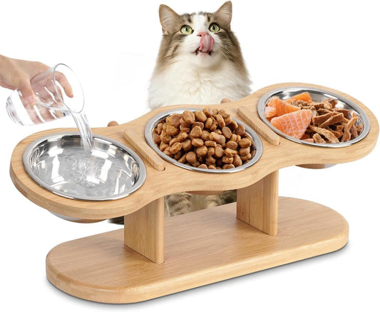 Elevated Cat Bowl Set — 3 Steel Bowls, 15° Stand