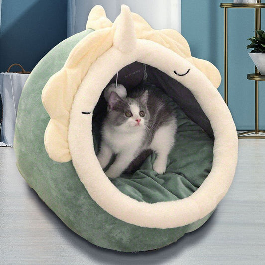 Half-Enclosed Velvet Cat Bed 35cm — Green