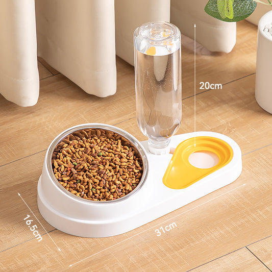 Bowl Set with Gravity Water Dispenser — White & Yellow