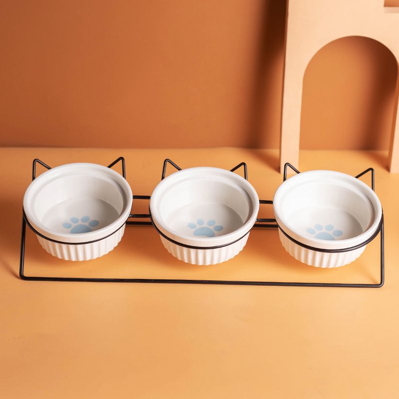Triple Ceramic Bowl Set with Stand — 3 x 300ml, Blue
