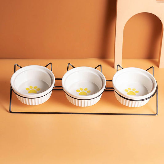 Triple Ceramic Bowl Set with Stand — 3 x 300ml, Yellow
