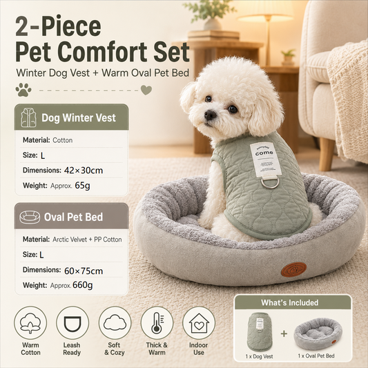 Winter Pet Care Bundle - Green Quilted Dog Vest with Leash