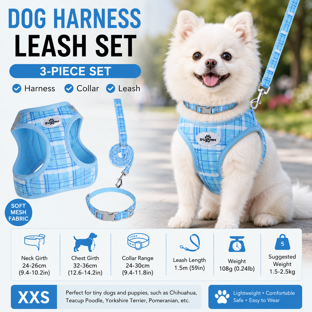 XXS Size Blue Classic Plaid Dog Harness Set- Breathable Mesh