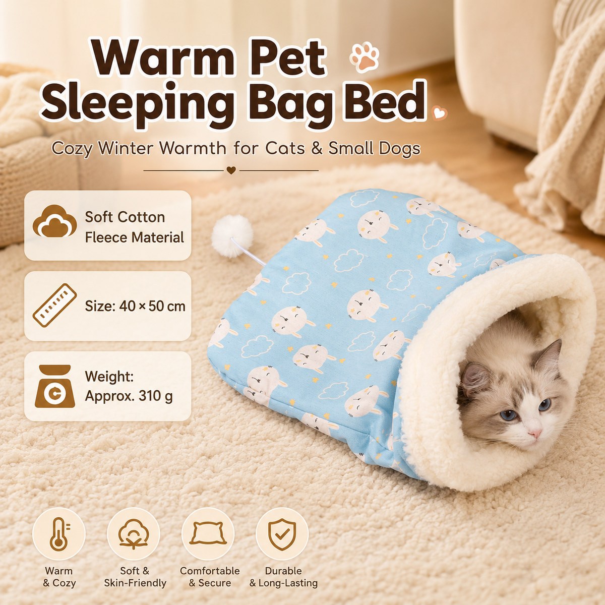 Cat Sleeping Bag Bed 40 x 50cm — Blue
