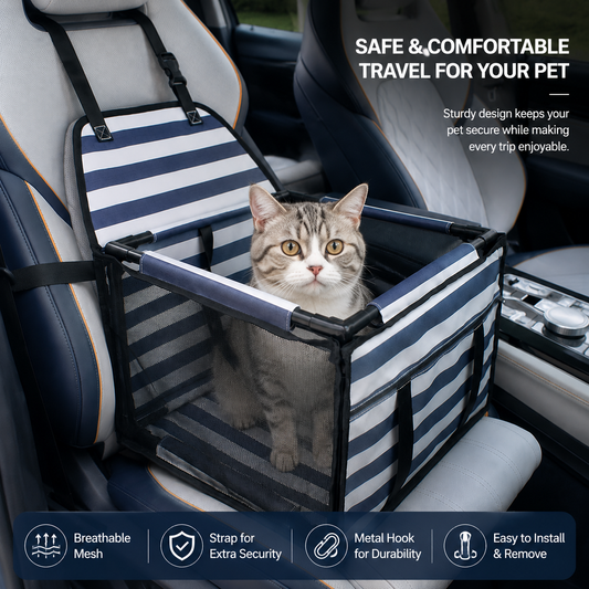 Waterproof Pet Car Seat Carrier — Safety Strap, Striped