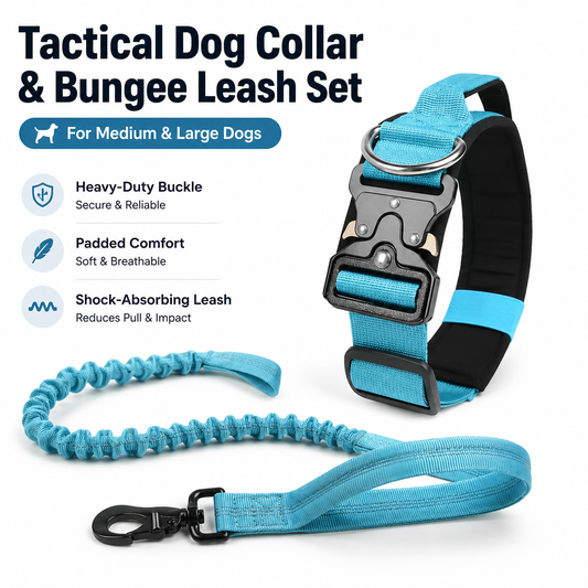 Tactical Dog Collar and Bungee Lead Set - Padded Quick Release