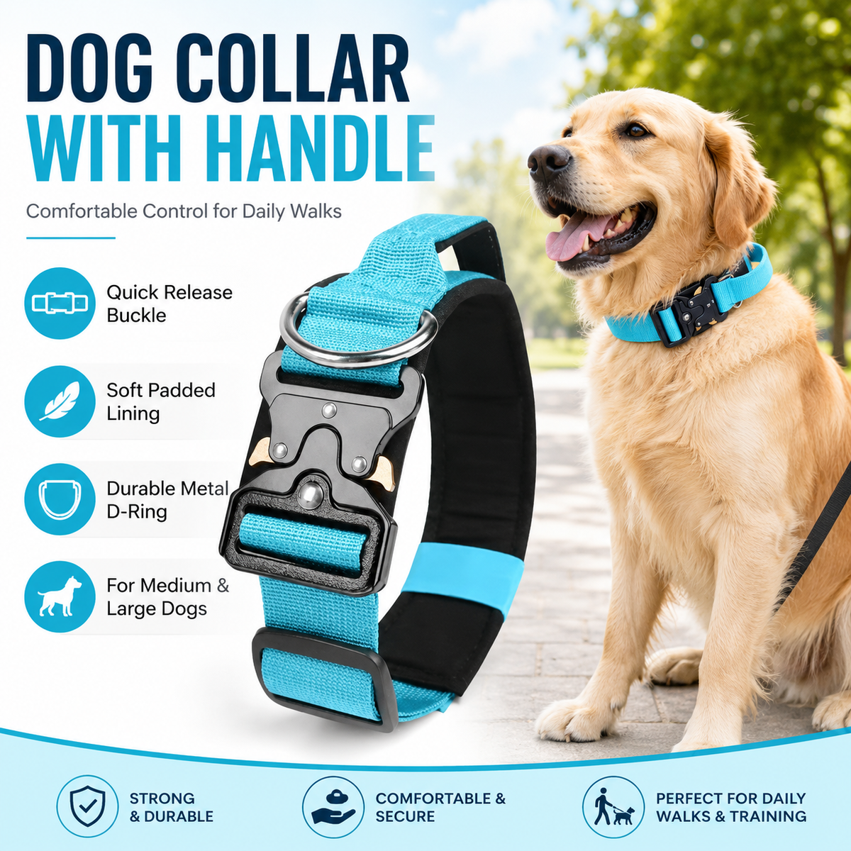 Tactical Dog Collar - Wide Padded Nylon Collar with Quick