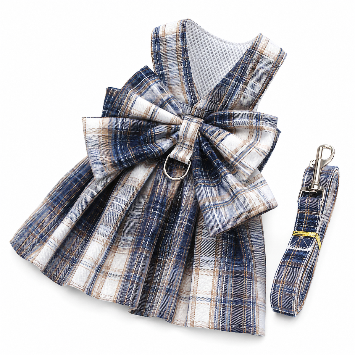 Plaid Pet Harness Dress with Leash Bow Design Vest Outfit