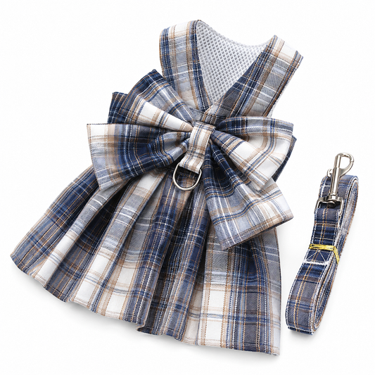 Plaid Pet Harness Dress with Leash Bow Design Vest Outfit