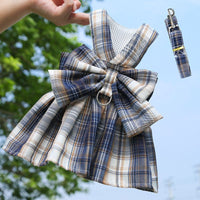 Plaid Pet Harness Dress with Leash Bow Design Vest Outfit