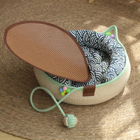 Rattan Cat Bed & Scratcher M — Blue Cushion