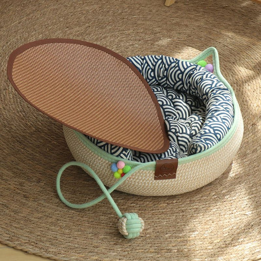 Rattan Cat Bed & Scratcher M — Blue Cushion