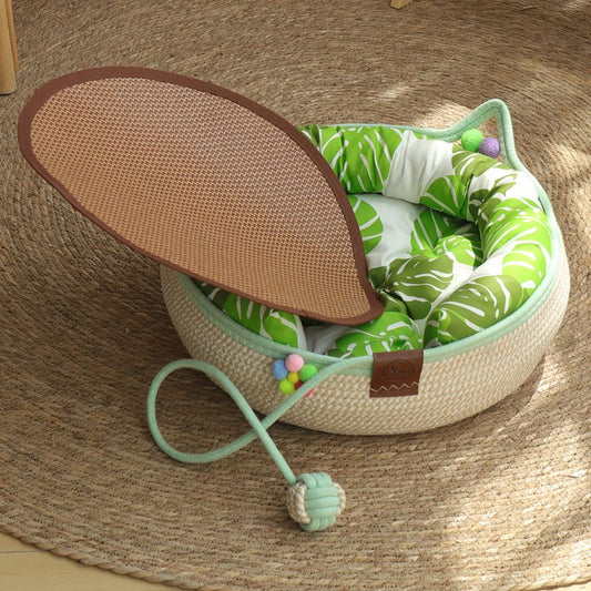 Rattan Cat Bed & Scratcher M — Green Cushion